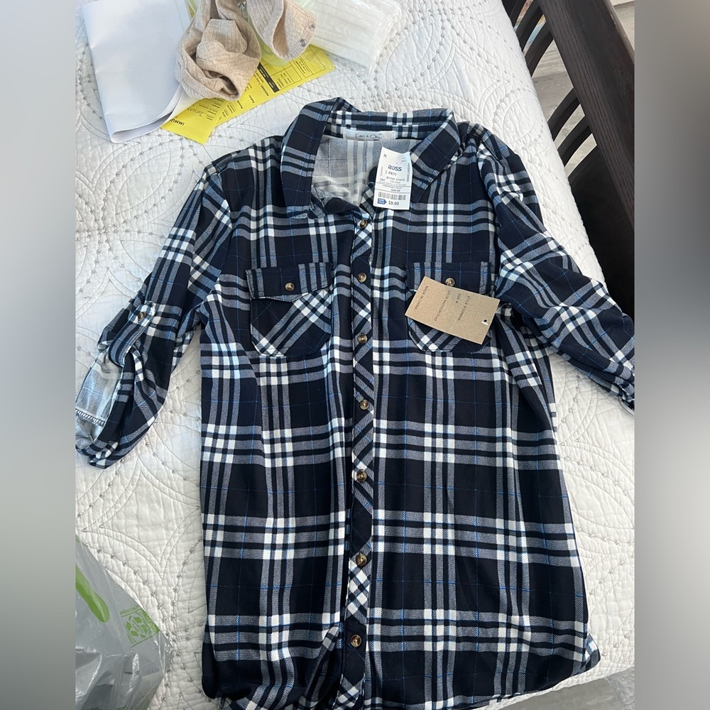 Blue and White Plaid Button-Up Shirt